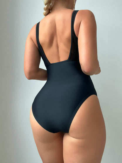 Elegant V-Neck One-Piece Swimsuit with Mesh Details